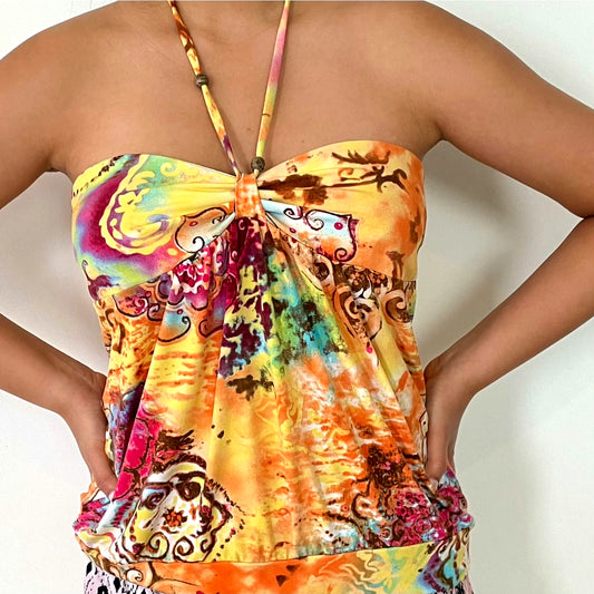 Orange Patterned Tie Neck Halter Top - Zoehify