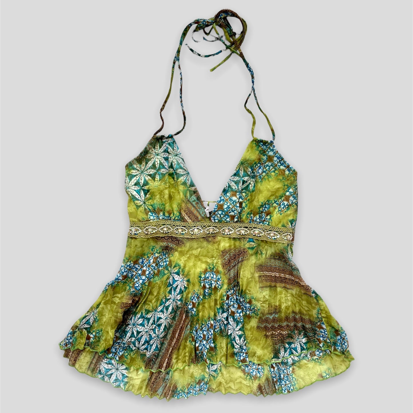 Green Pleated Halter Tie Neck Top - Zoehify