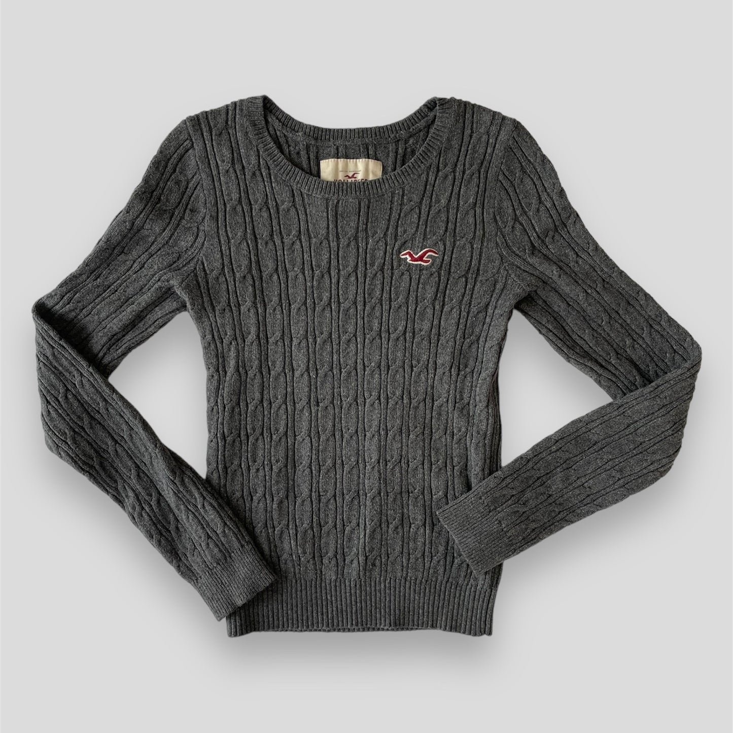 2000s Hollister Grey Cable Knit Crewneck Jumper - Small