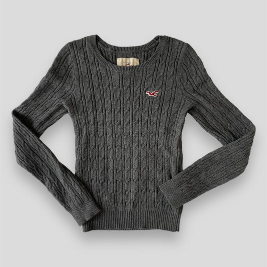 2000s Hollister Grey Cable Knit Crewneck Jumper - Small