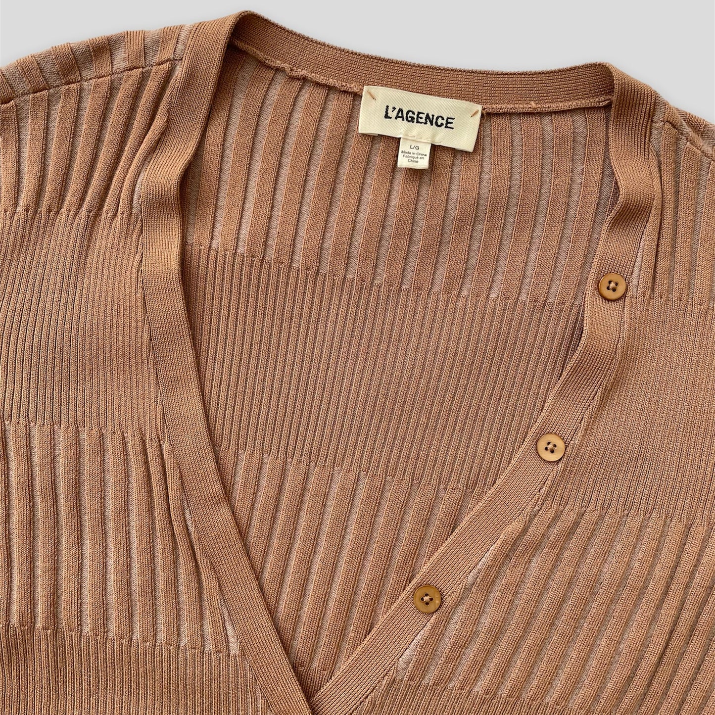 Tan L’Agence Ribbed V-Neck Cardigan - Large
