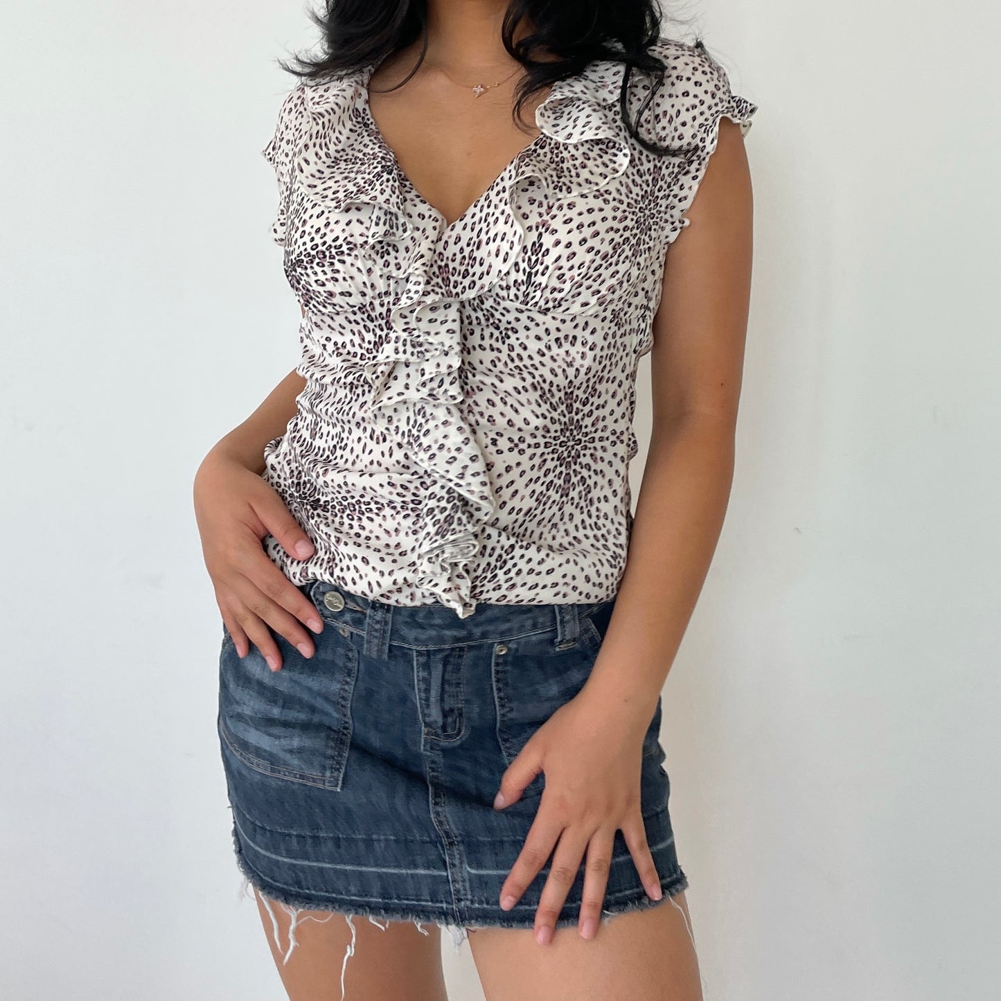 Miss Sixty Pink & White Leopard Print Ruffle Collared Blouse - Zoehify