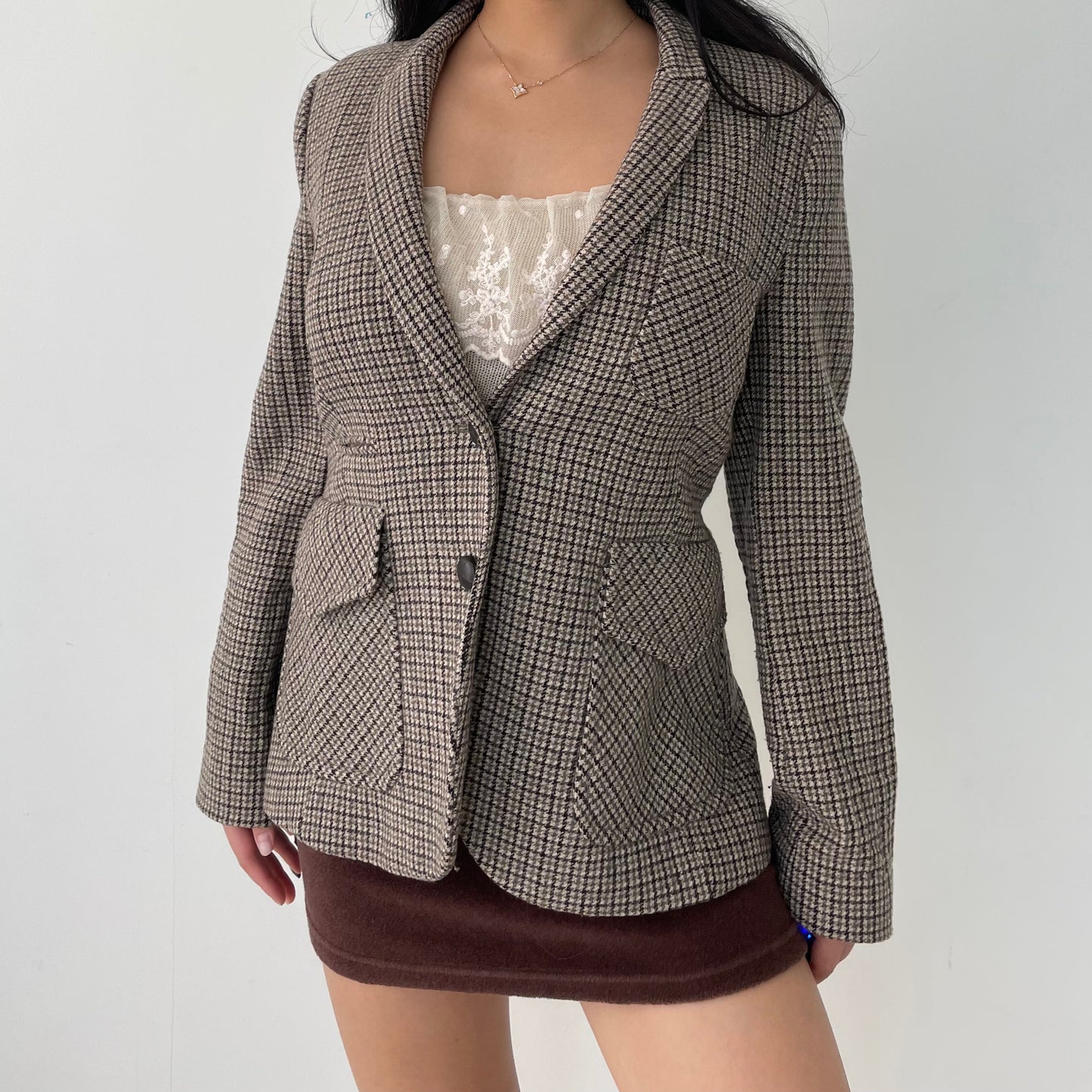 Old Label Zara Brown Houndstooth Single Breasted Blazer - Medium