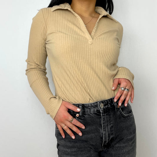 Beige Long Sleeve Collared Tee - Zoehify