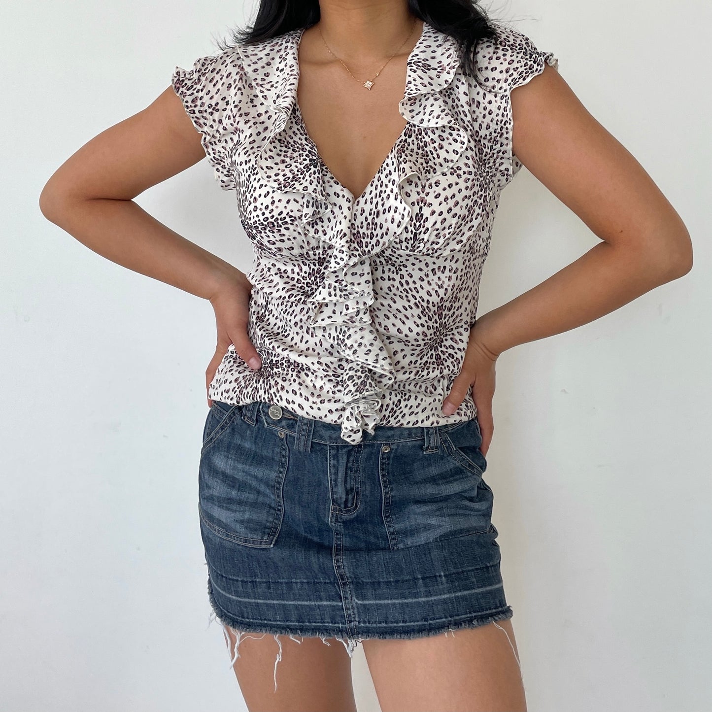 Miss Sixty Pink & White Leopard Print Ruffle Collared Blouse - Zoehify