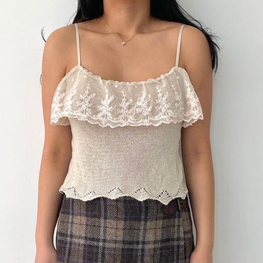 Vintage Arthur'F Paris Beige Lace Trim Crochet Knit Tank Top - X-Small/Small