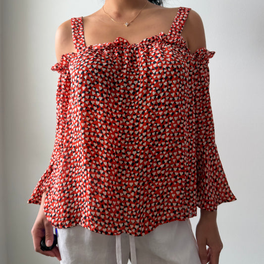 J. Crew Red Heart Print Off-Shoulder Silk Blouse - Medium