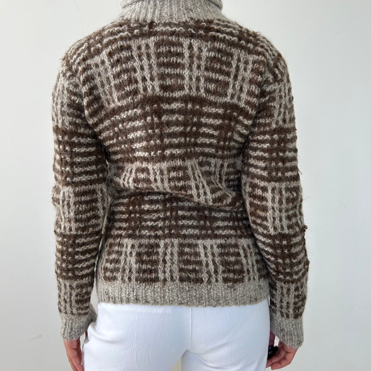 Vintage 1980s Miss Renfrew at Holt Renfrew Brown and Beige Check Knit Turtleneck - Medium