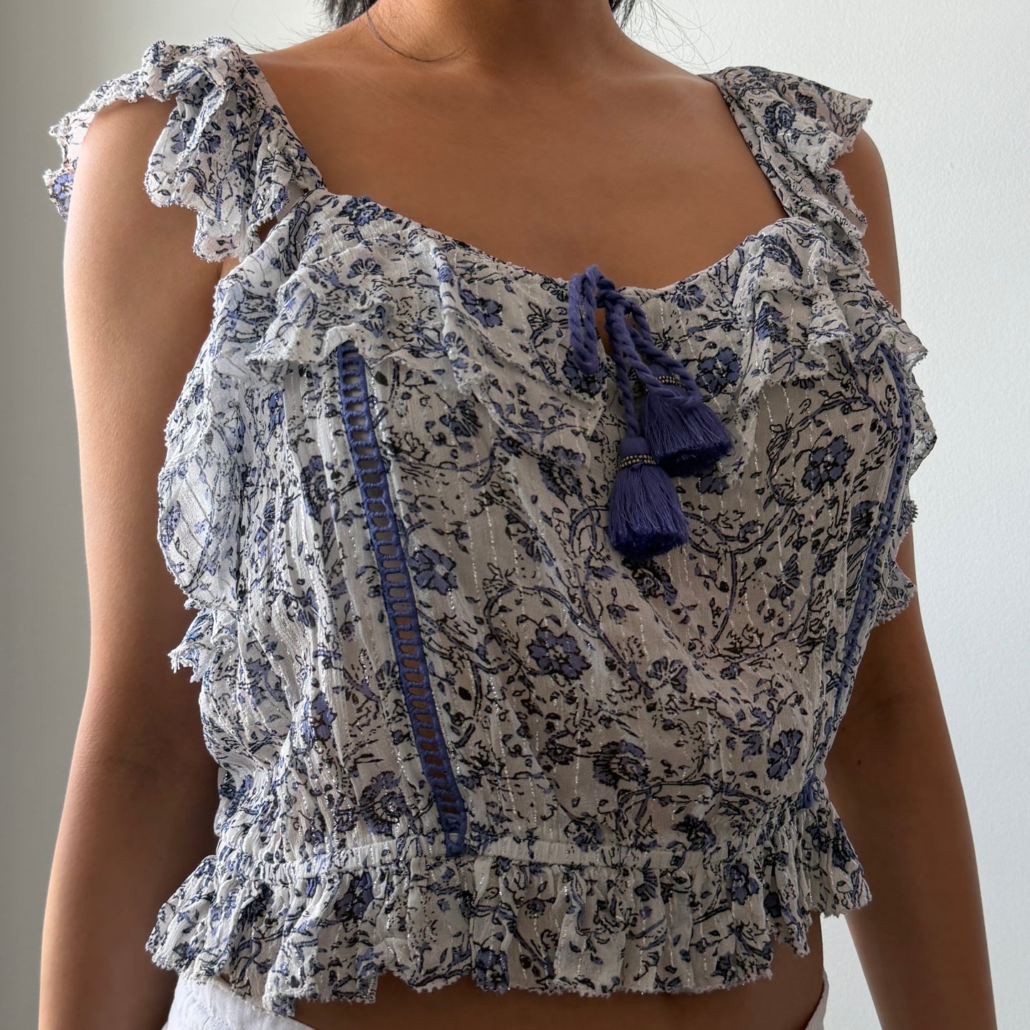 Saylor Blue and White Floral Ruffle Tank - Medium