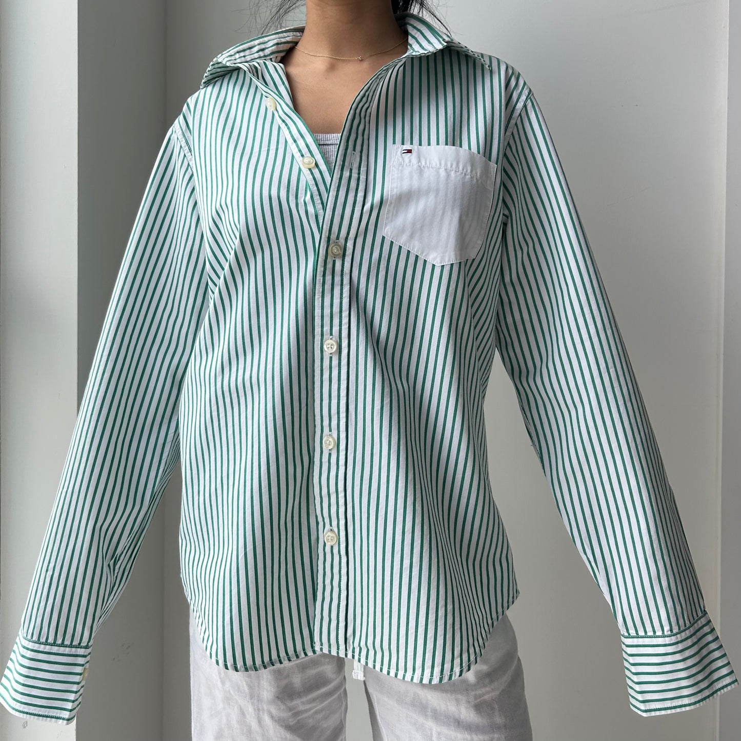 Tommy Hilfiger Green Striped Button Up Shirt - Small