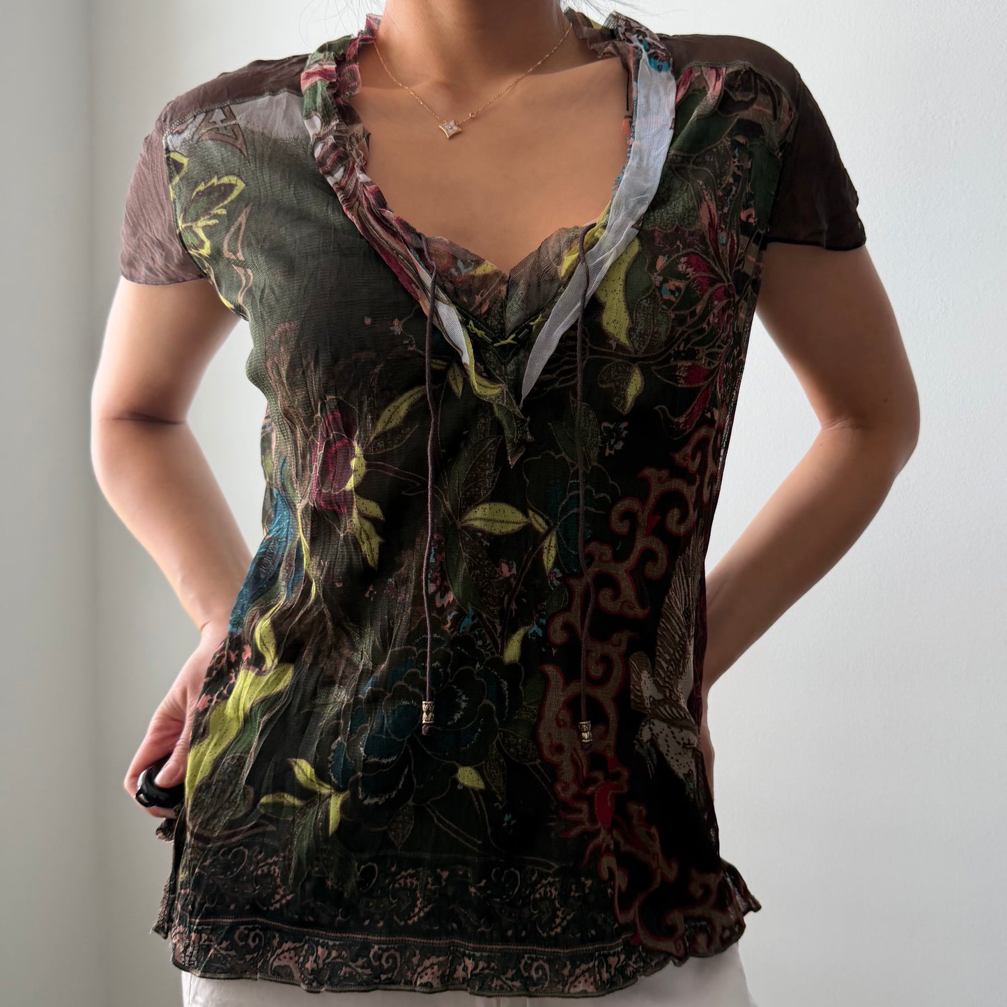 Marc Aurel Brown Floral Print Mesh Top - Medium