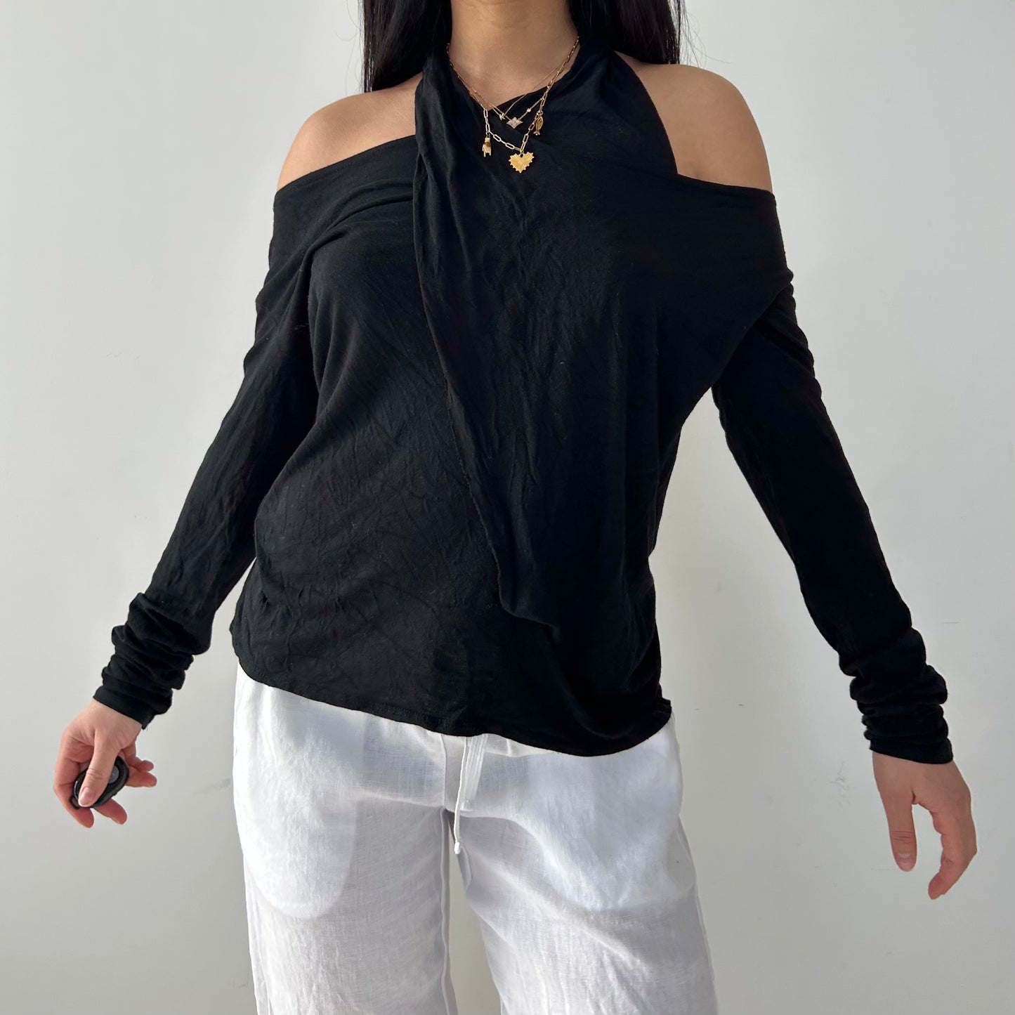 0044 Paris Black Silk Blend Draped Off-Shoulder Top - Medium