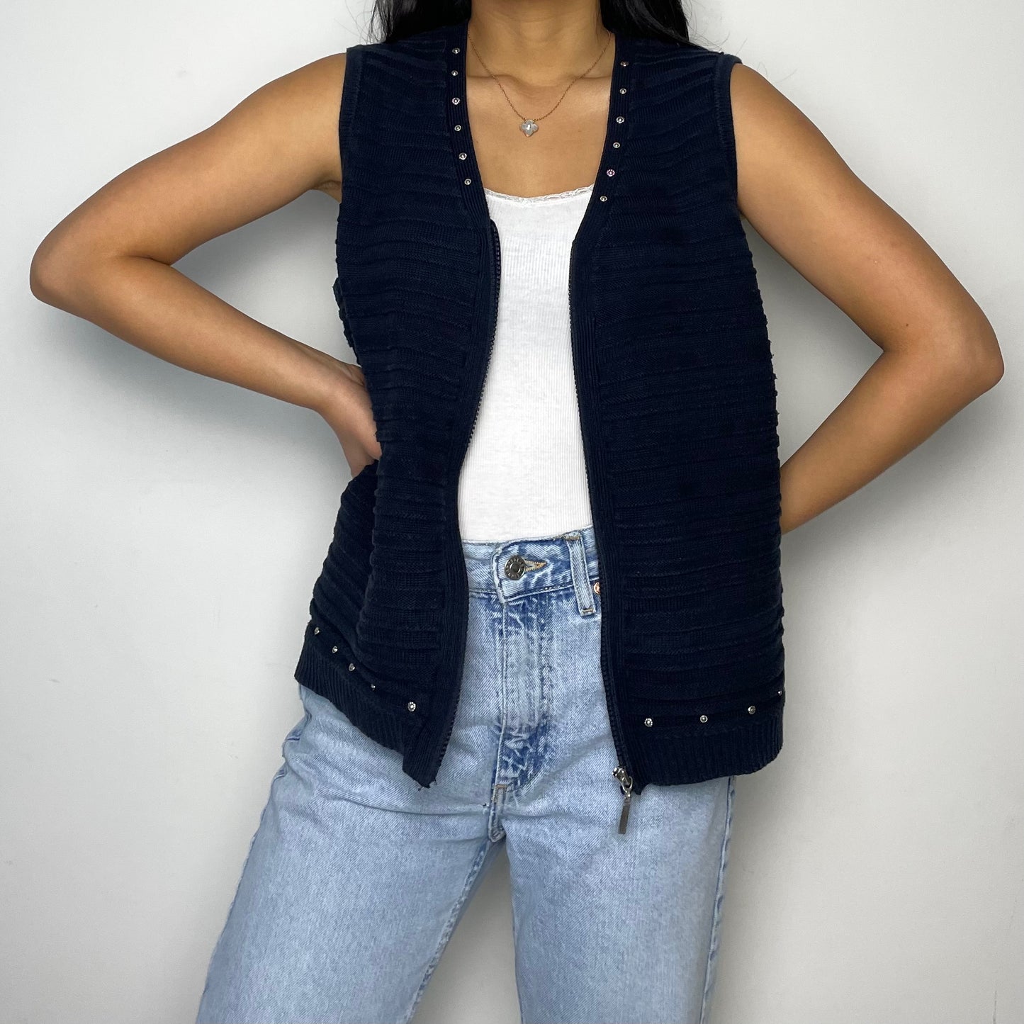 Navy Knitted Zip Up Vest - Large