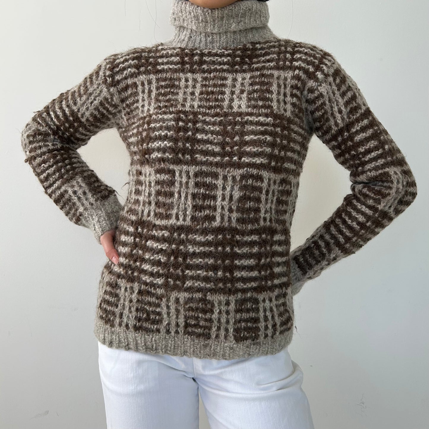 Vintage 1980s Miss Renfrew at Holt Renfrew Brown and Beige Check Knit Turtleneck - Medium