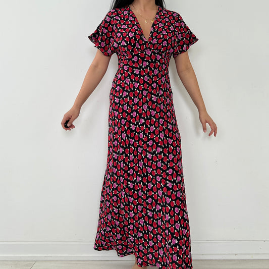 Zara Red Pink and Black Floral Print Maxi Dress - Small/Medium