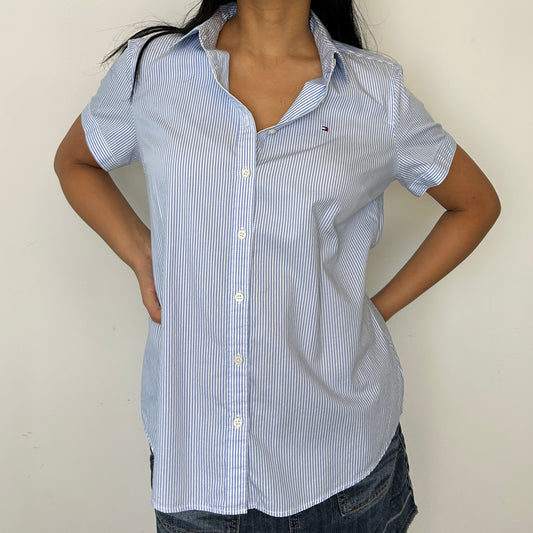 Tommy Hilfiger Blue Striped Short Sleeve Blouse - Medium