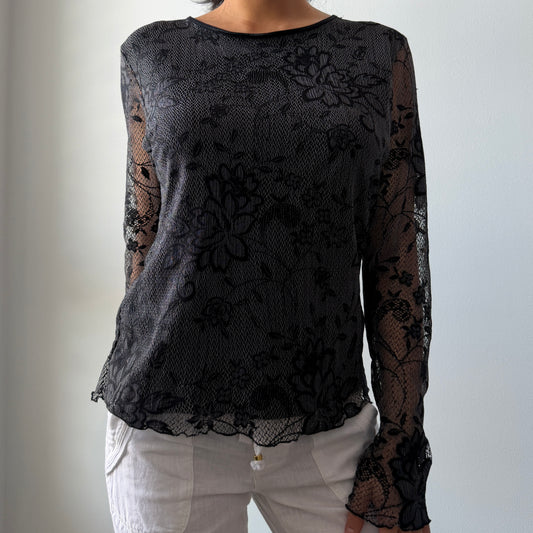 90s Made in Canada Papillon Blanc Black Floral Lace Long Sleeve Mesh Top - Medium