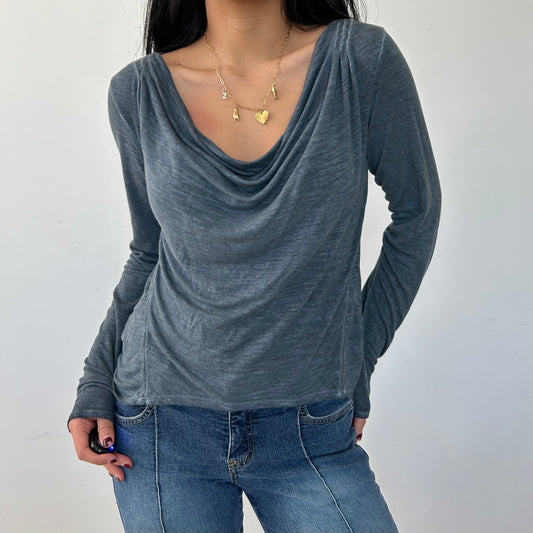 Buffalo by David Bitton Washed Blue Long Sleeve Cowl Neck Top - Medium