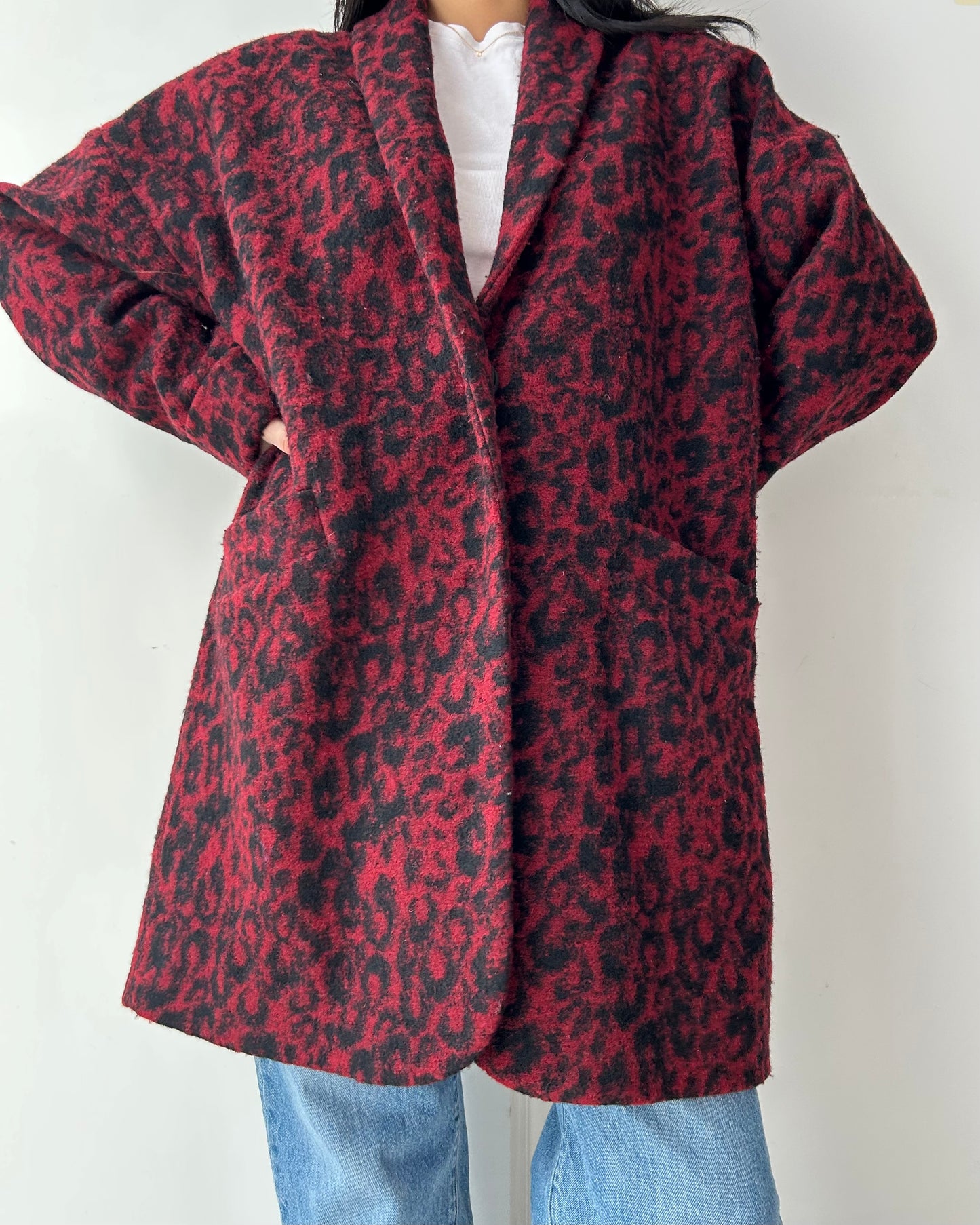 Ganni Red Leopard Print Wool Blend Coat - X-Small