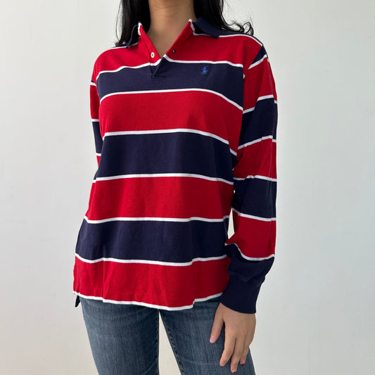 Polo Ralph Lauren Red and Navy Long Sleeve Striped Polo Shirt - Large