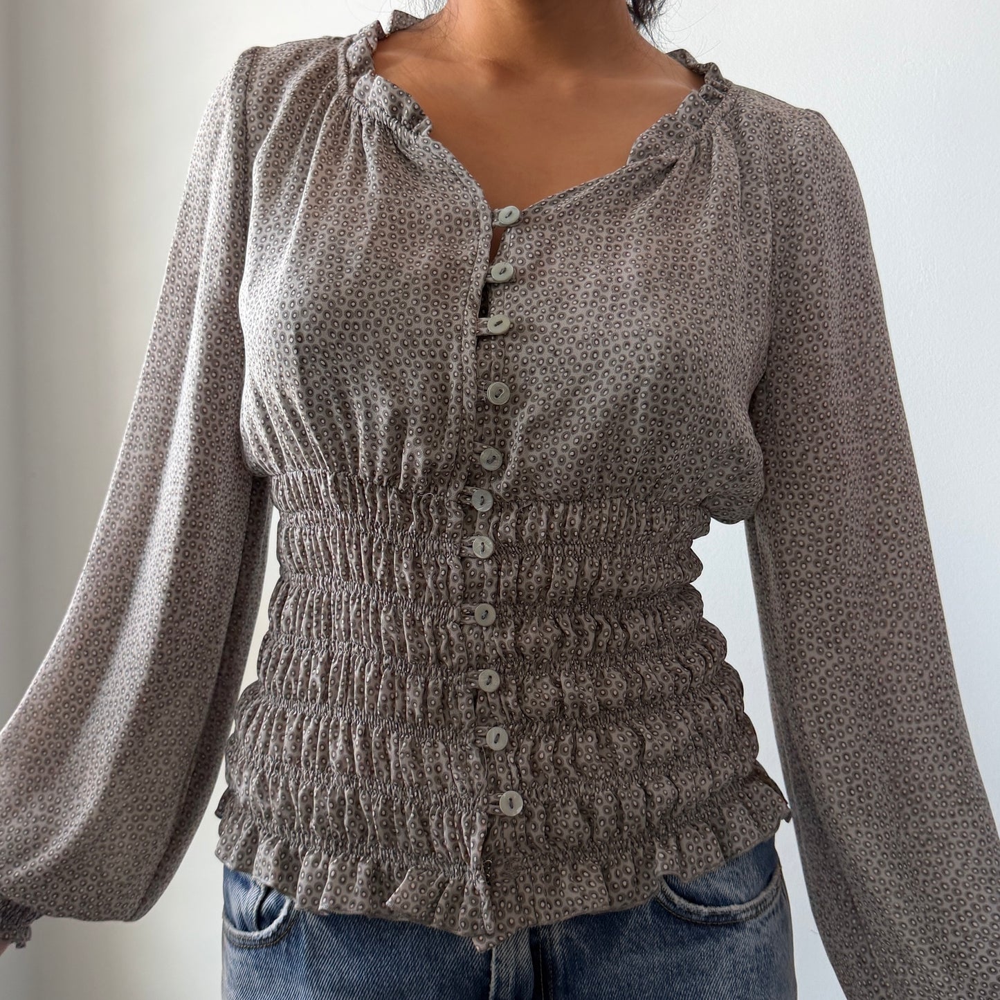 Trucco Grey Patterned Long Sleeve Smocked Blouse - X-Small