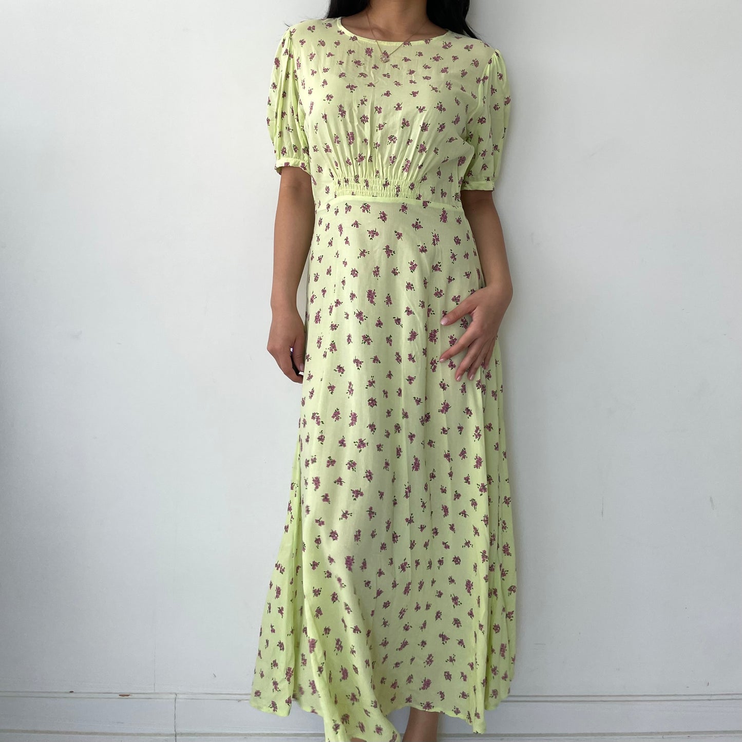 Faithfull The Brand Neon Green Floral Short Sleeve Maxi Dress - Small