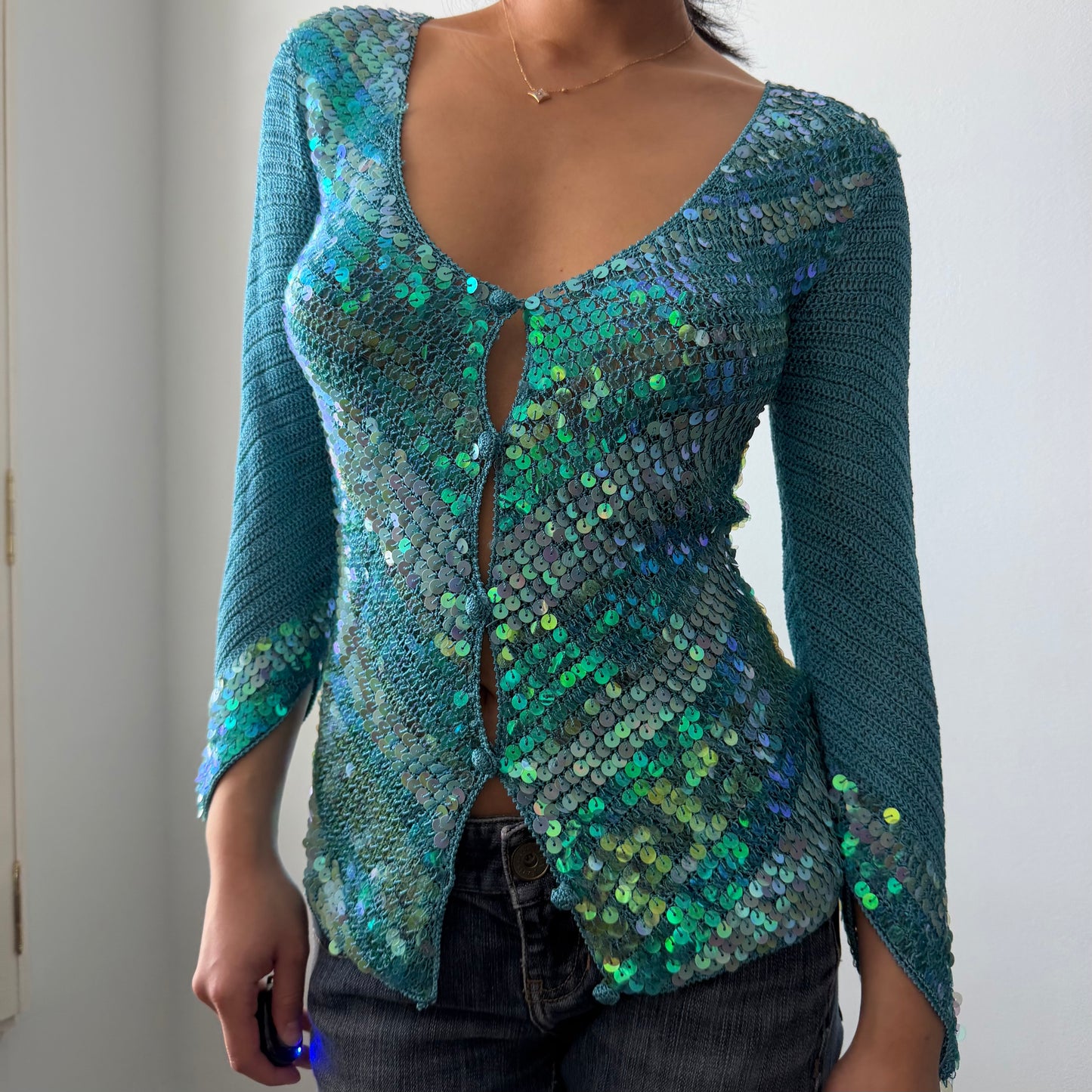 Turquoise Sequin Knit Cardigan - X-Small