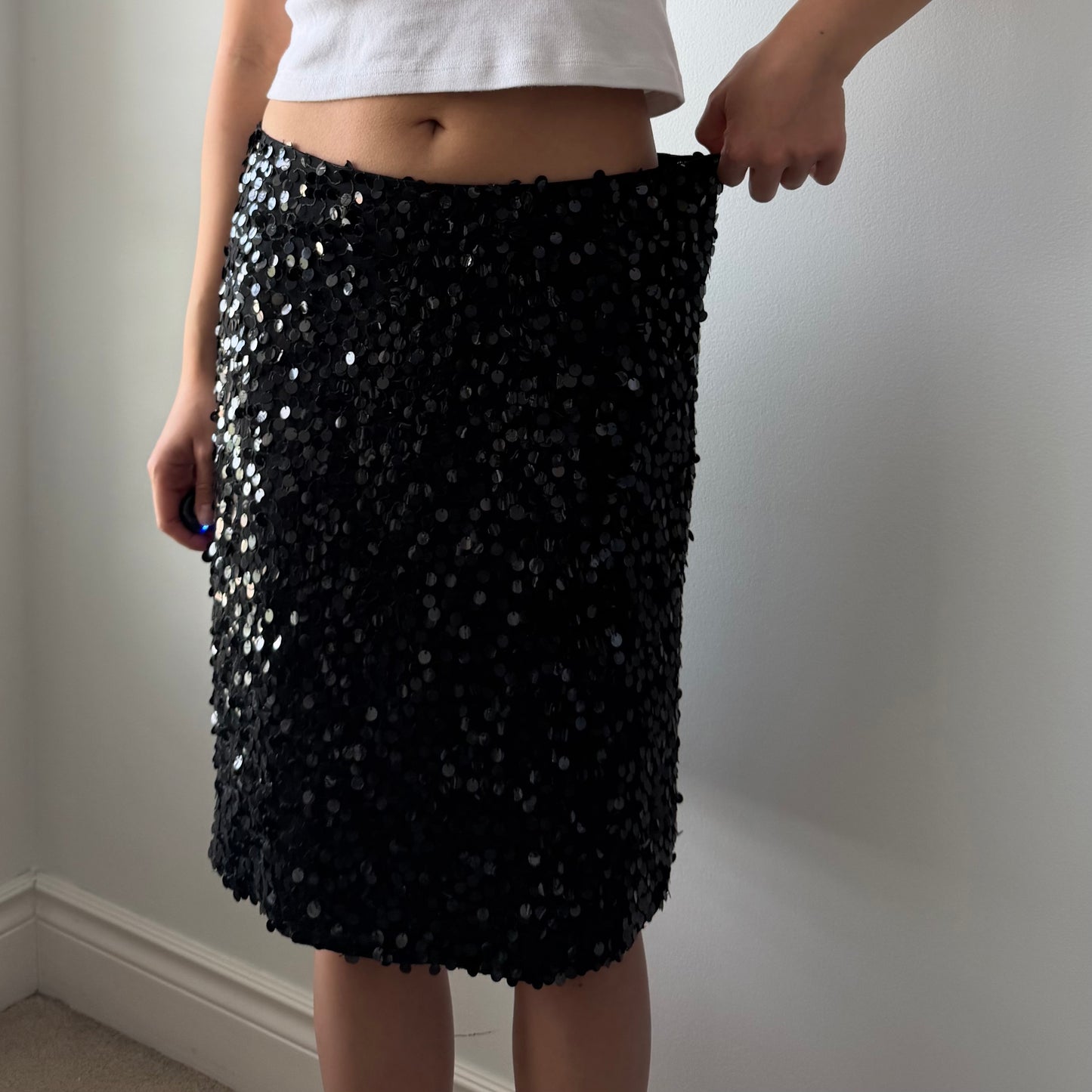 Catherine Curtis Made in Canada Black Sequin Silk Skirt - Medium