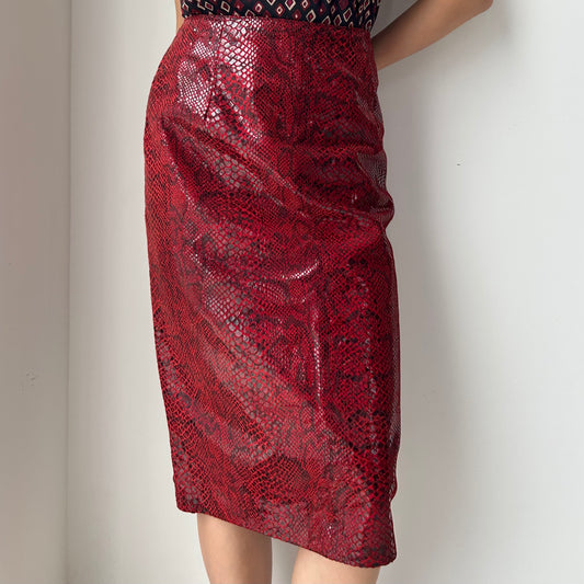Danier Red Snake-Embossed Leather Pencil Skirt - Medium