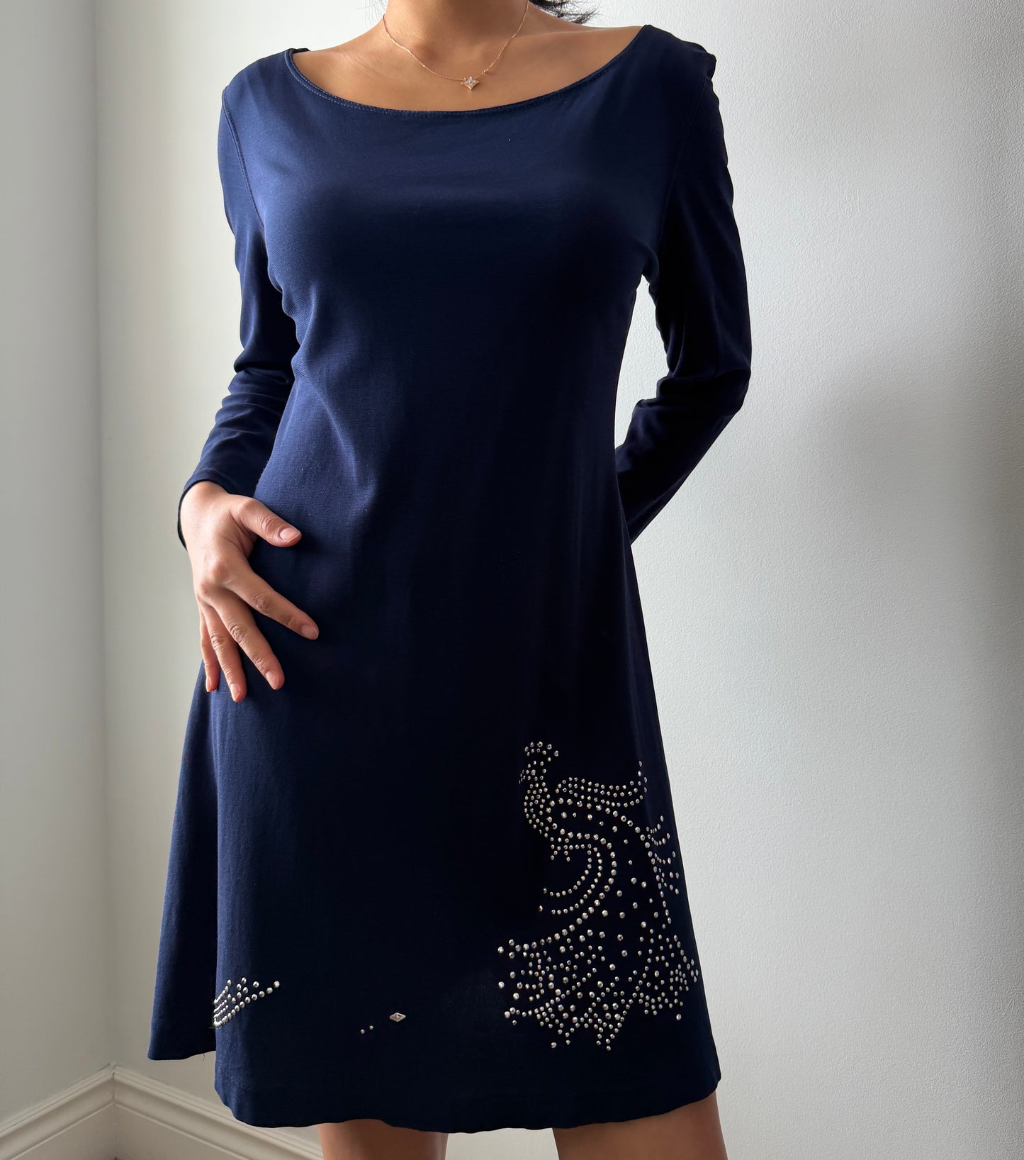 1990s Ritmo di Perla Midnight Blue Embellished Long Sleeve Dress - Medium
