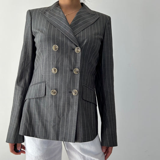 Max Mara Grey Wool and Silk Blend Pinstripe Double Breasted Blazer - Small