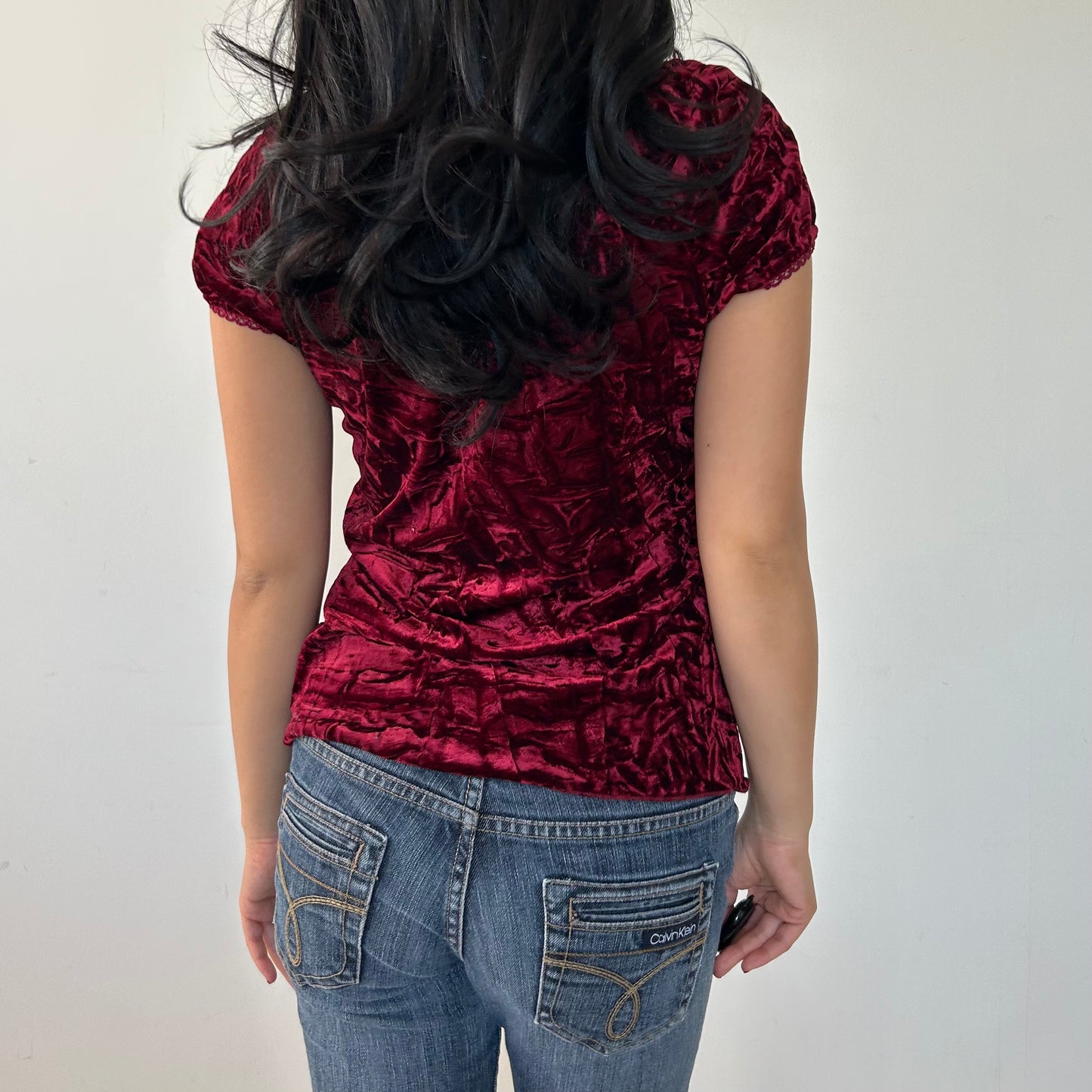 Vintage Made in Canada Deep Red Crushed Velvet Short-Sleeve Top - Large