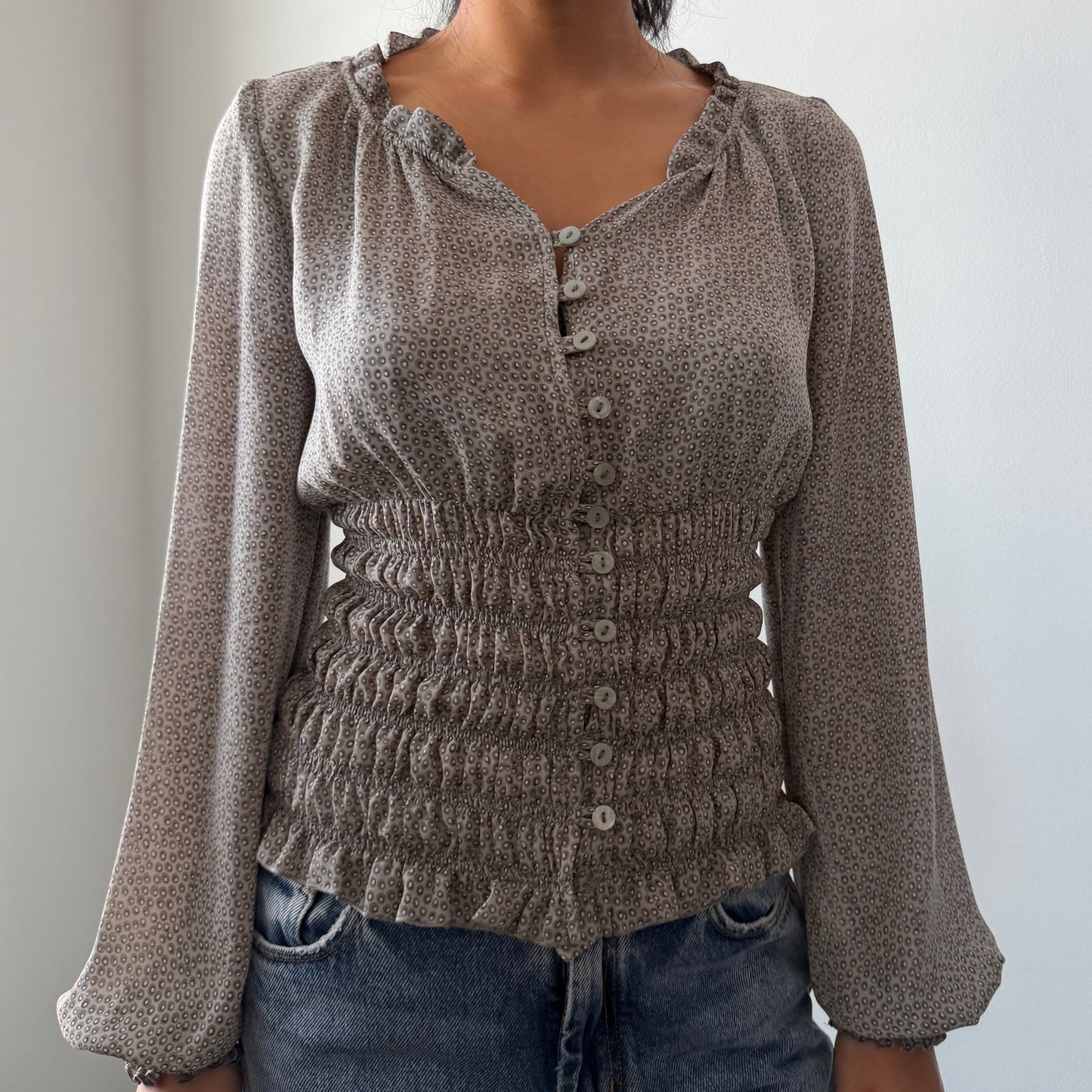 Trucco Grey Patterned Long Sleeve Smocked Blouse - X-Small