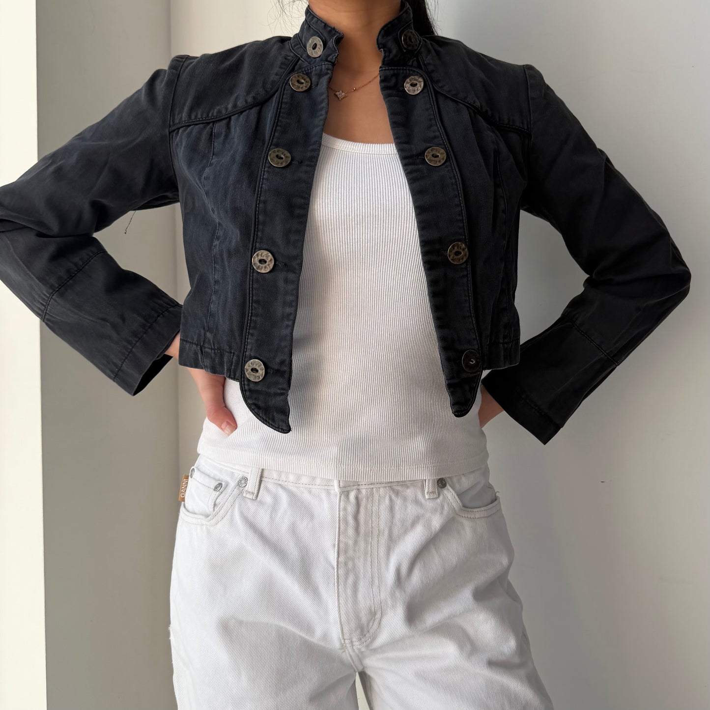 Dark Wash Cropped Military Jacket - Small