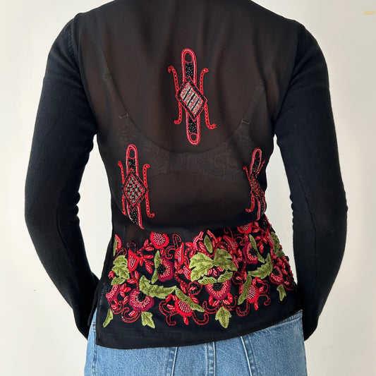 2000s Custo Barcelona Black Silk and Cashmere Embroidered Sheer Panel Jumper - Small