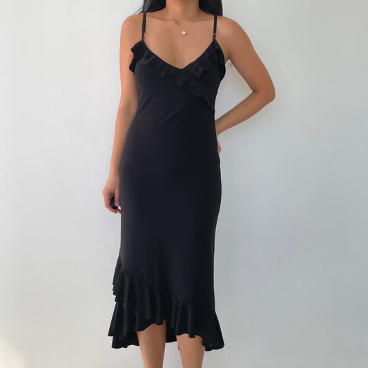 Made in France Black Ruffle Hem Midi Dress - Small