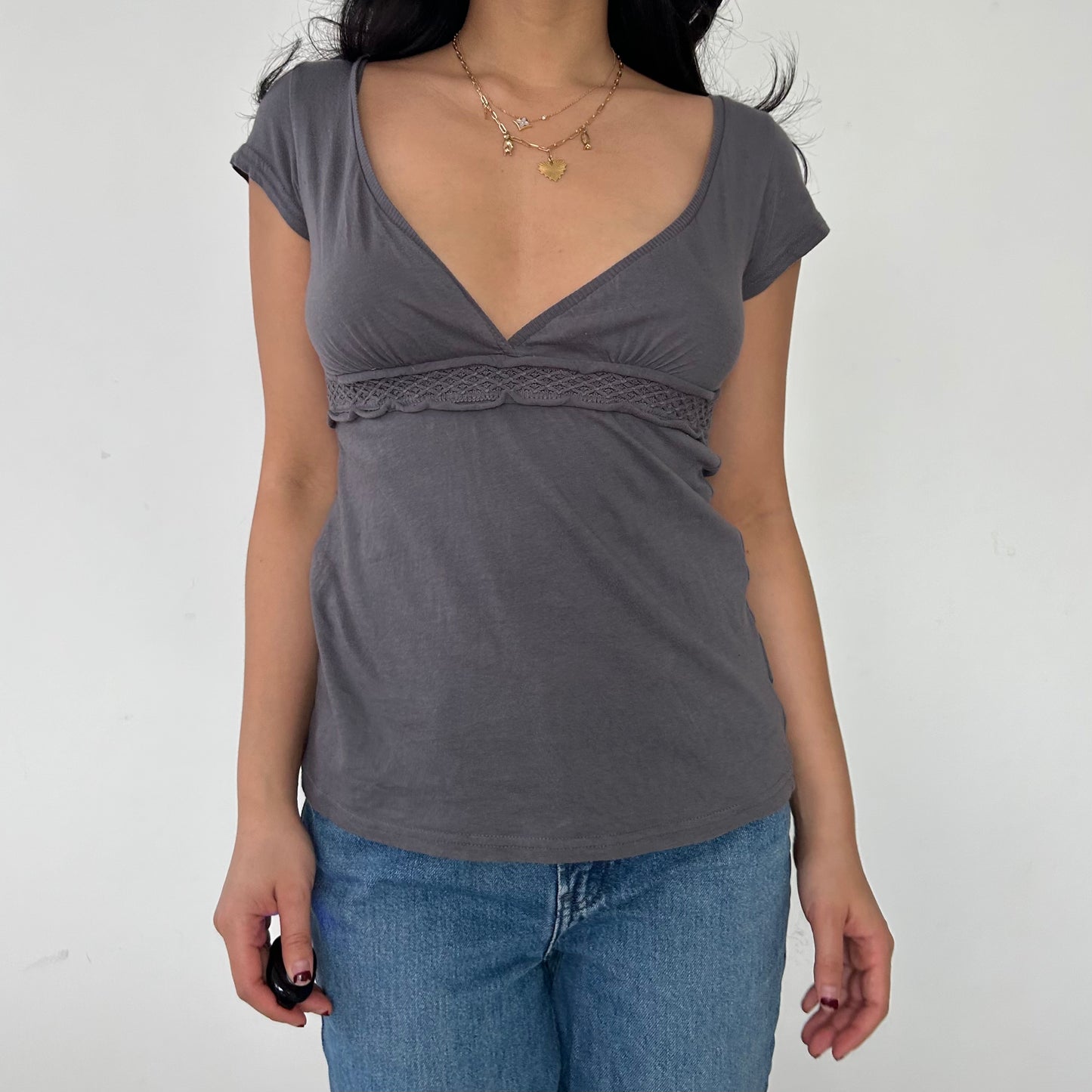 H&M Grey V-Neck Cotton Tee - Small