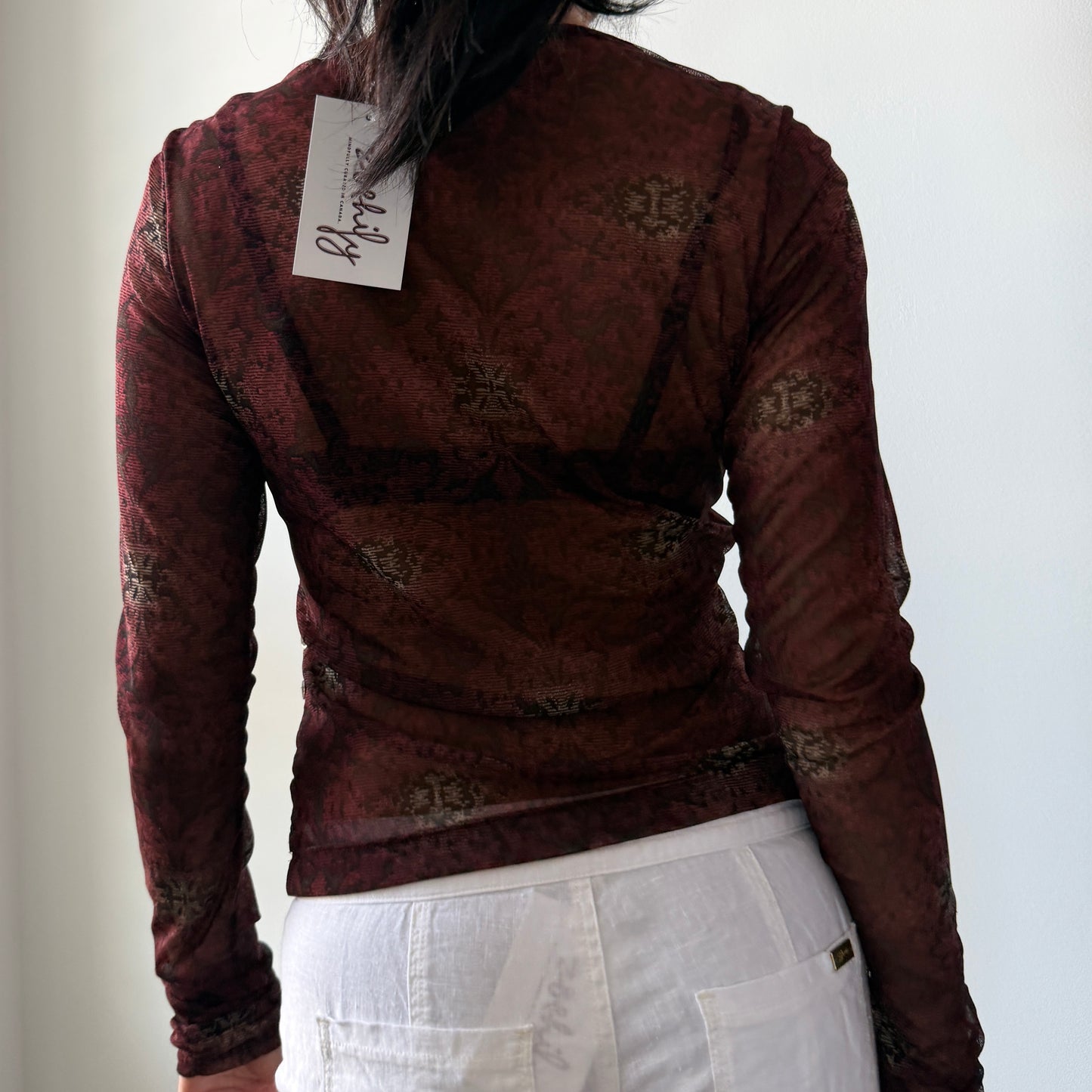 Mexx Burgundy Long Sleeve Snakeskin Print Mesh Top - Medium