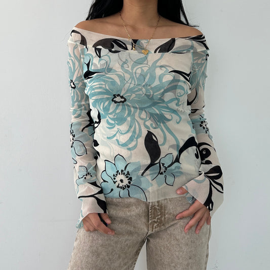 Cream and Blue Floral Mesh Long Sleeve Off Shoulder Top - Medium