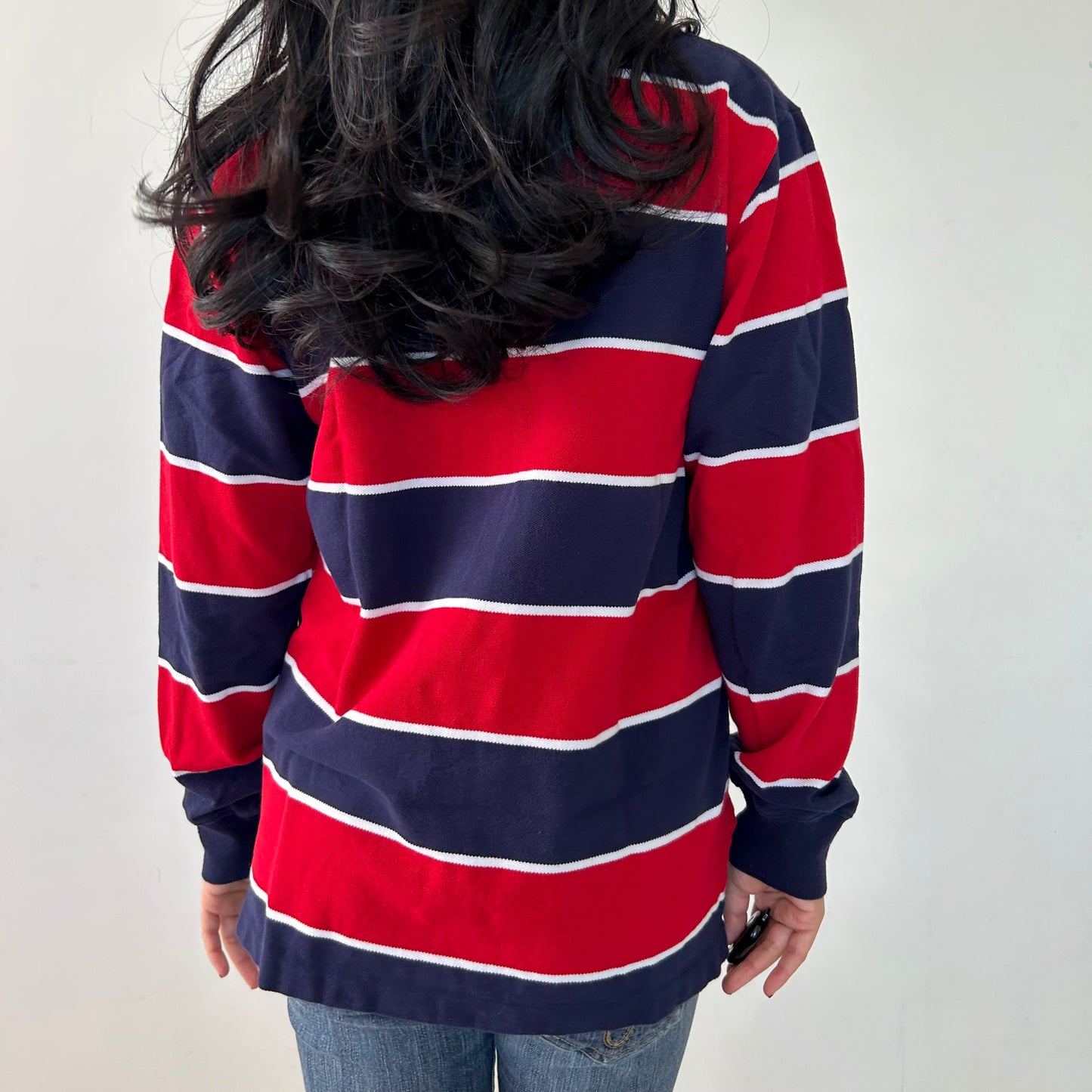 Polo Ralph Lauren Red and Navy Long Sleeve Striped Polo Shirt - Large