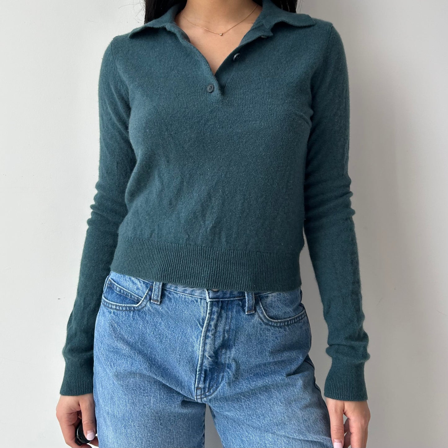 Wilfred Teal Long Sleeve Cropped Polo 100% Cashmere Sweater - Small