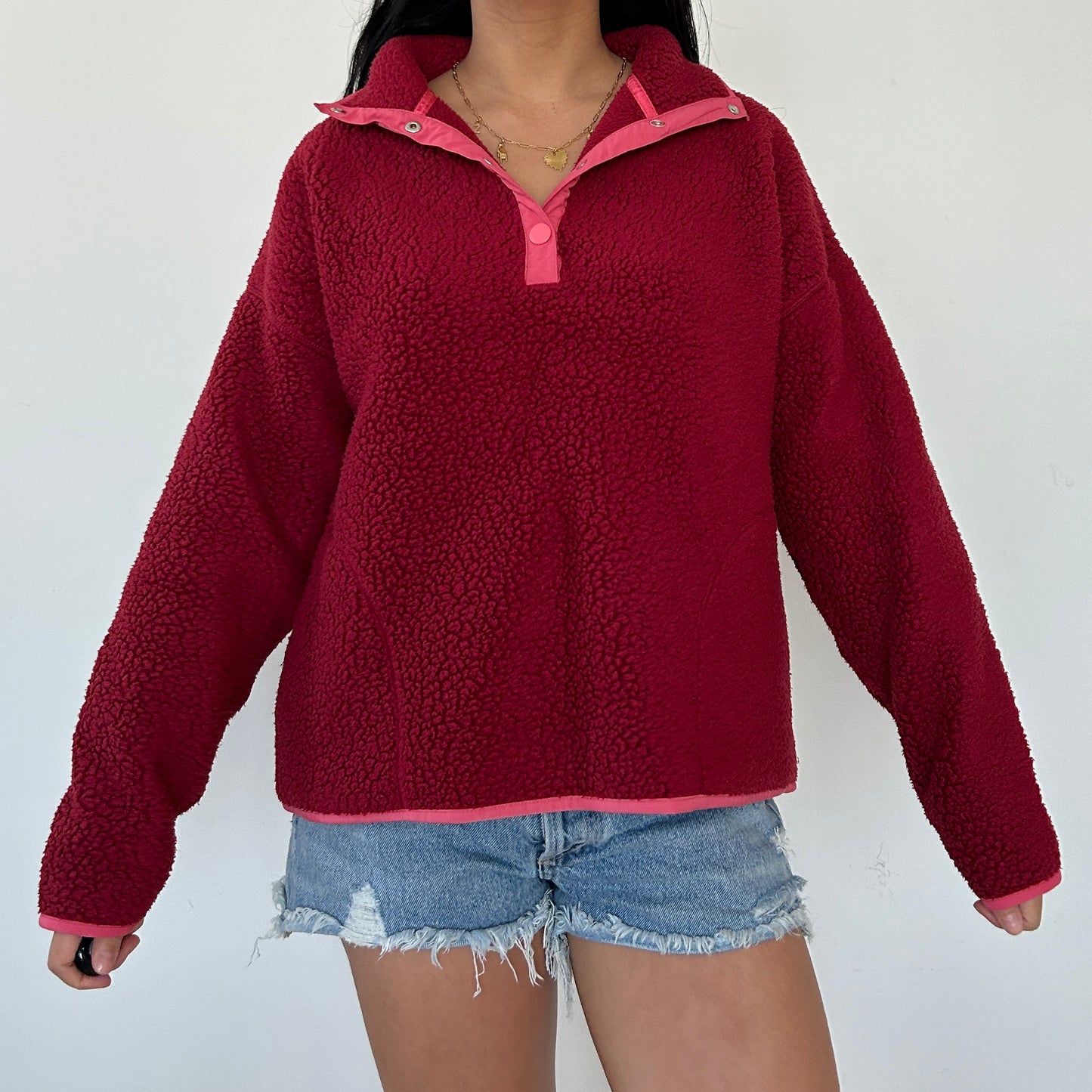 J. Crew Raspberry Red Sherpa Fleece Half-Snap Pullover - Small