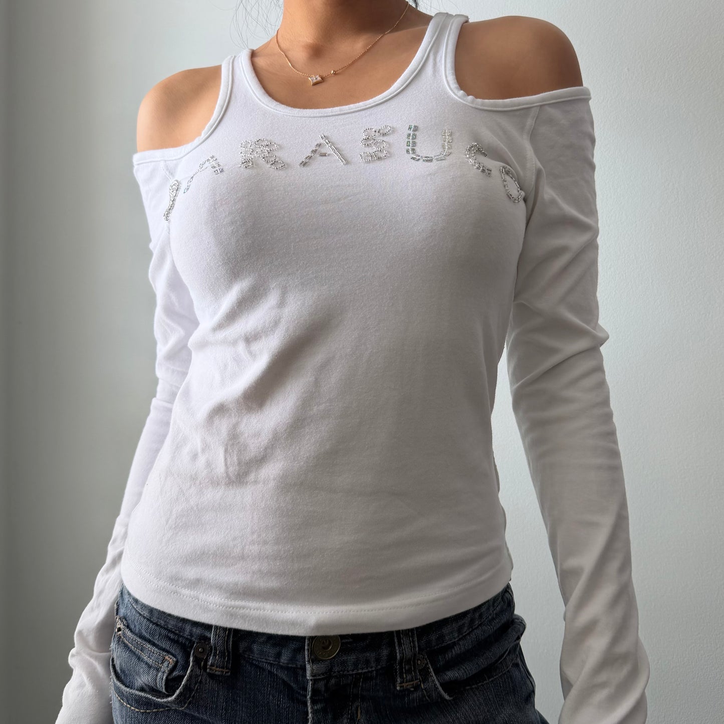 Parasuco White Cold Shoulder Sequin Logo Top - Medium