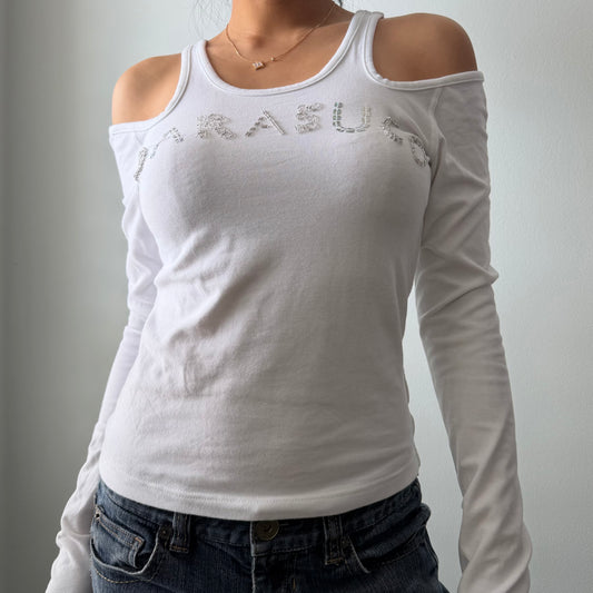 Parasuco White Cold Shoulder Sequin Logo Top - Medium