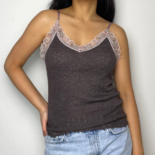 Jigsaw Brown Pointelle Cami With Pink Lace Trim - Medium
