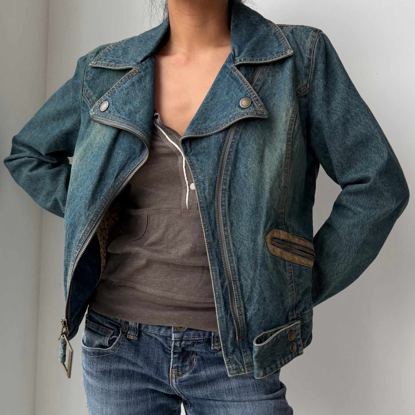 Old Label Nine West Leather-Panel Denim Biker Jacket - Medium