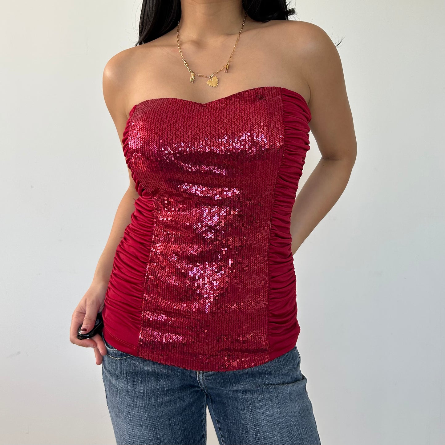 Seductions Red Sequin Strapless Top - Medium