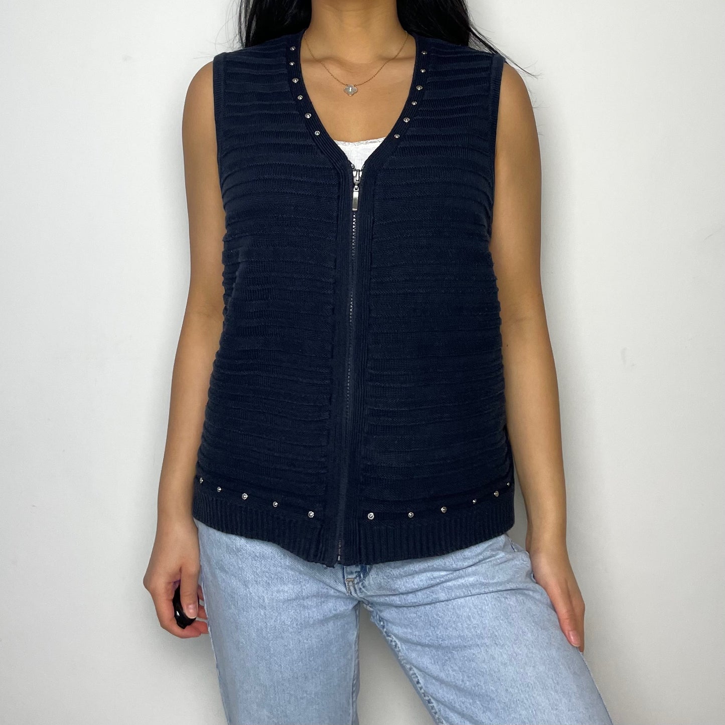 Navy Knitted Zip Up Vest - Large