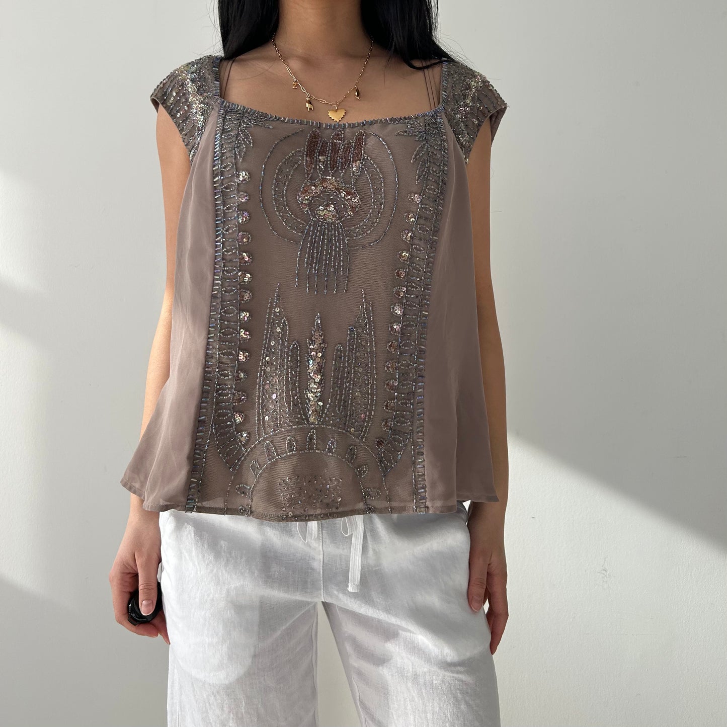 Taupe Embellished Cap-Sleeve Blouse - X-Large