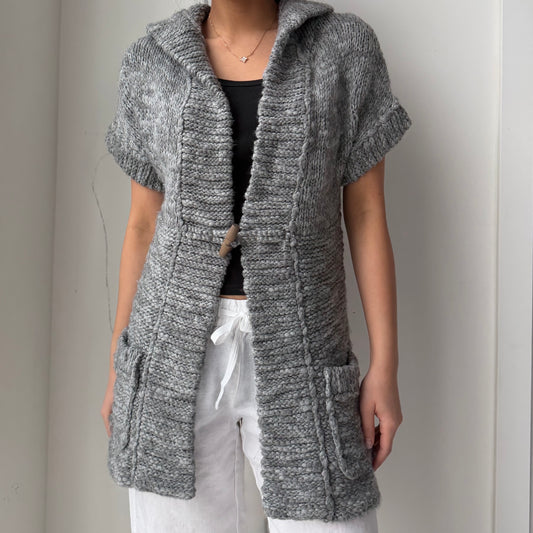 2000s Abercrombie and Fitch Grey Hooded Cable Knit Wool Cardigan - Medium